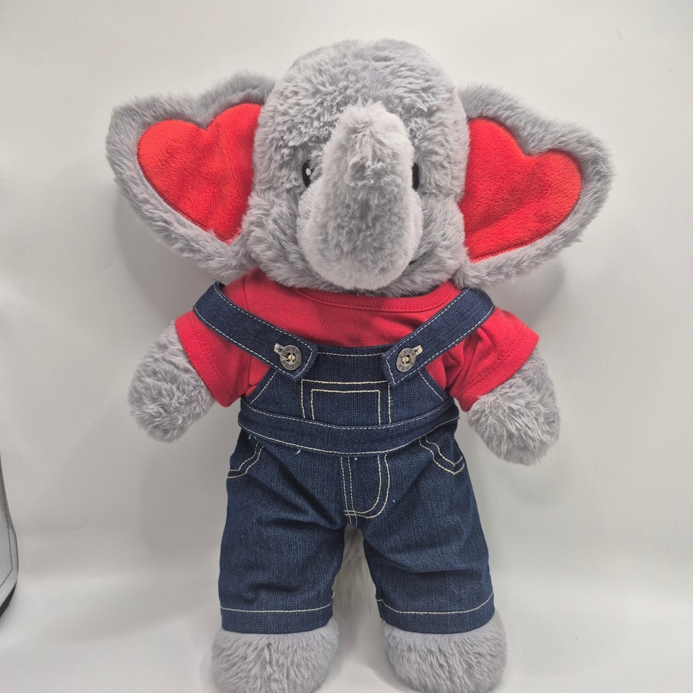 Build-A-Bear Workshop Grey Elephant Plush Red Heart Ears Denim Overalls Outfit